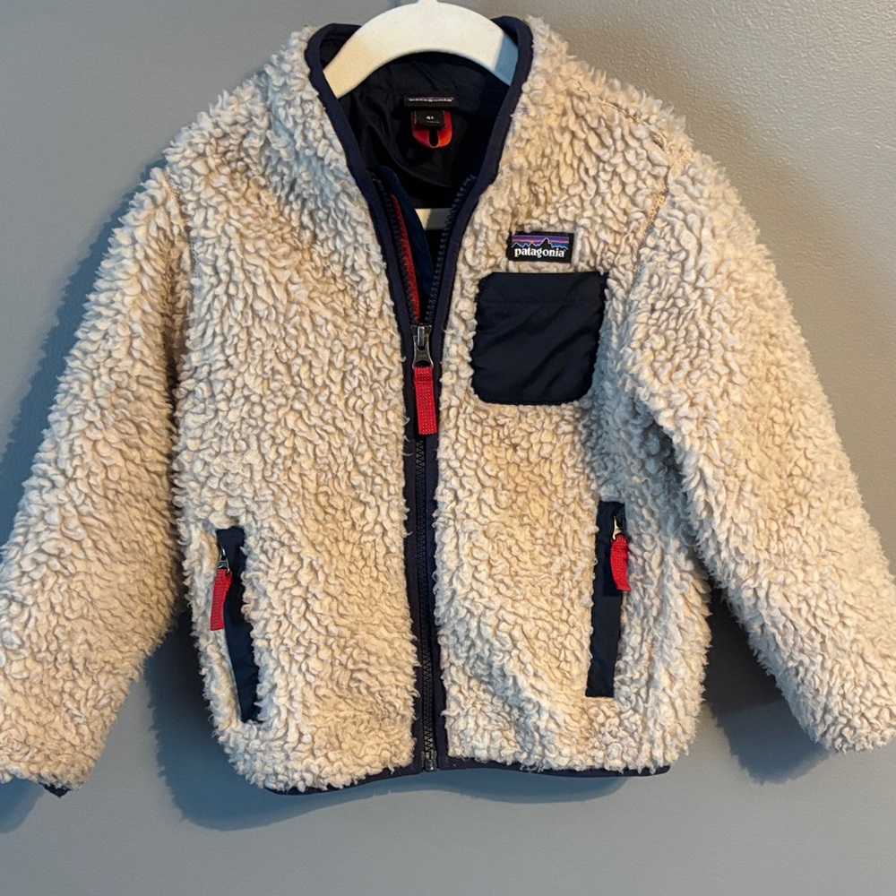 Patagonia Cream Sherpa Jacket with Red and Navy Details